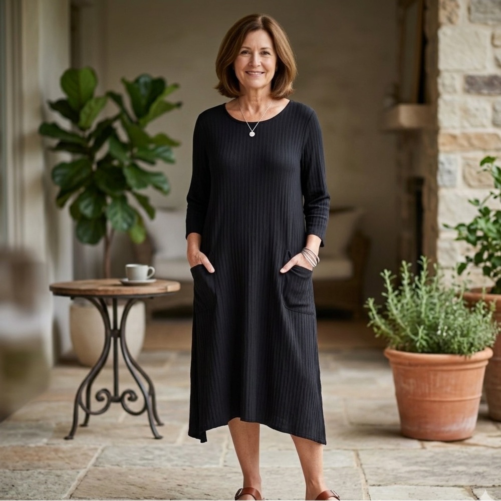 Kaliyana Sz S Black Ribbed Lagenlook Boho Relaxed Dress